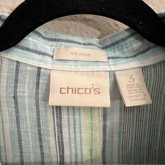 Chicos No Iron Striped 100% Linen Button Front Top Shirt Teal Blue White Size XL - Picture 5 of 10